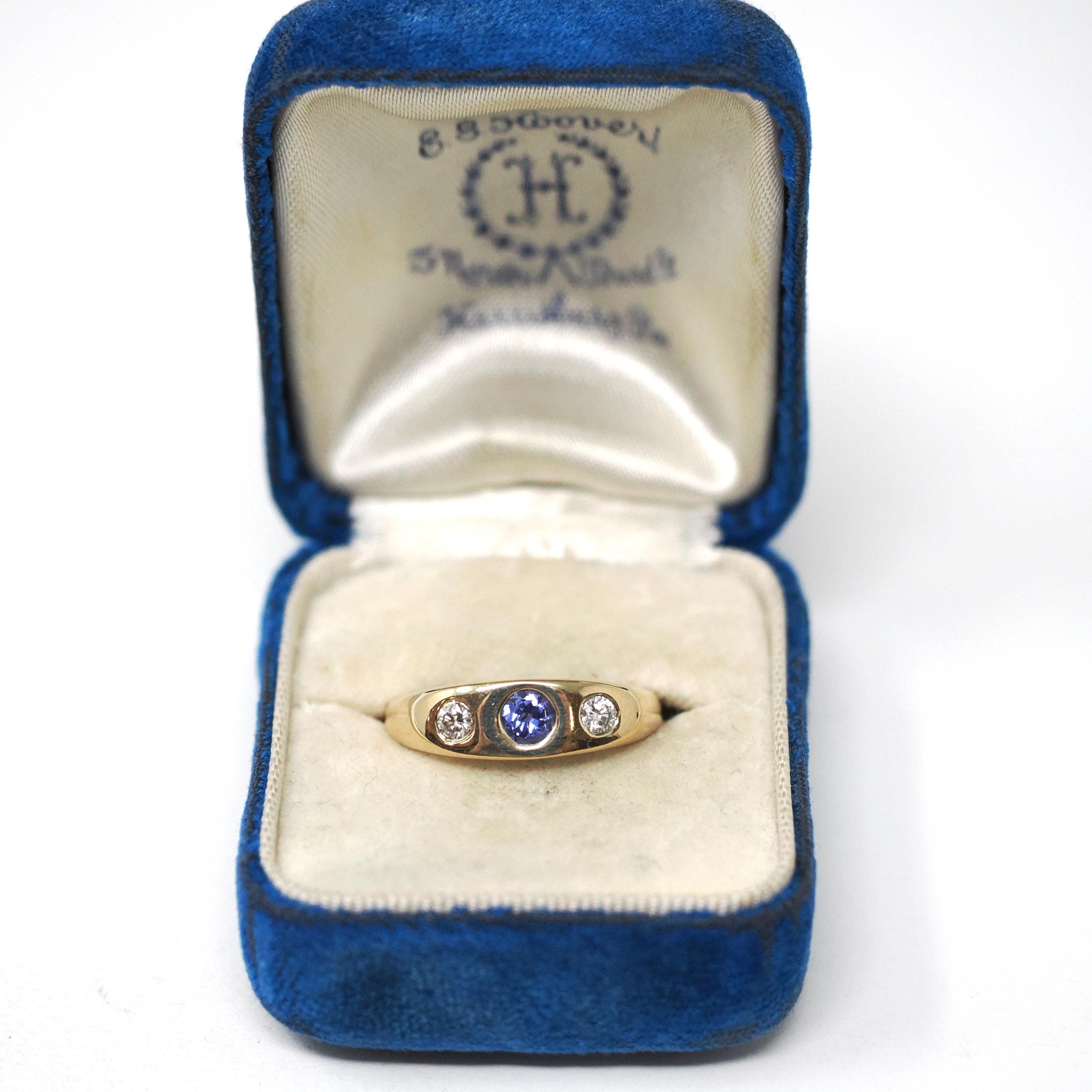 Tanzanite & Diamond Ring - Modern 14k Yellow Gold Three Stone Gem Band - Estate Circa 2000's Era Size 6 3/4 Purple Flush Set Fine Jewelry