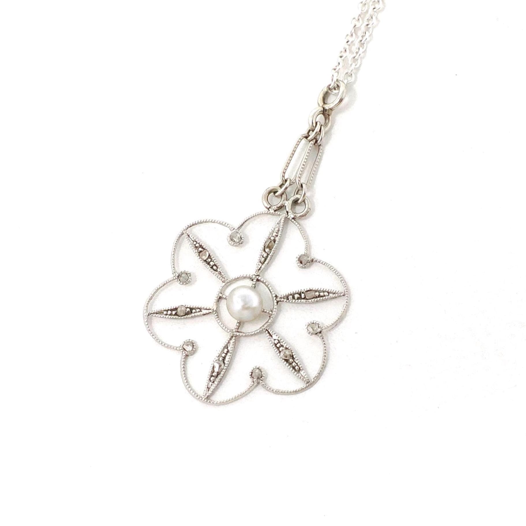 Antique Flower Pendant - Edwardian Era Platinum 10k White Gold Figural Floral Lavalier - Circa 1900s Pearl Diamond Converted Fine Jewelry