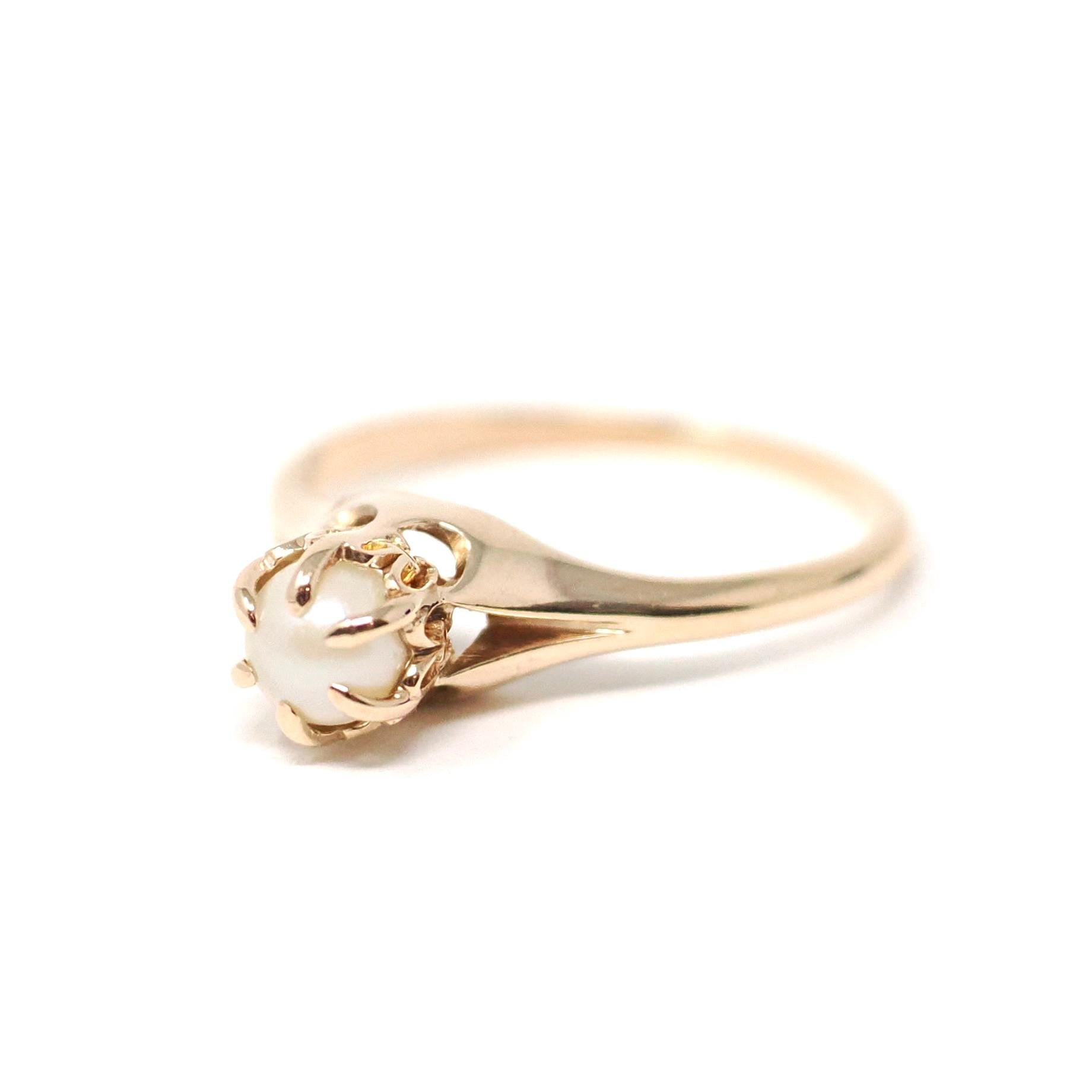 Cultured Pearl Ring - Edwardian 10k Rosy Yellow Gold Crown Basket Setting - Antique Circa 1910s Era Solitaire Size 6 Minimalist Fine Jewelry