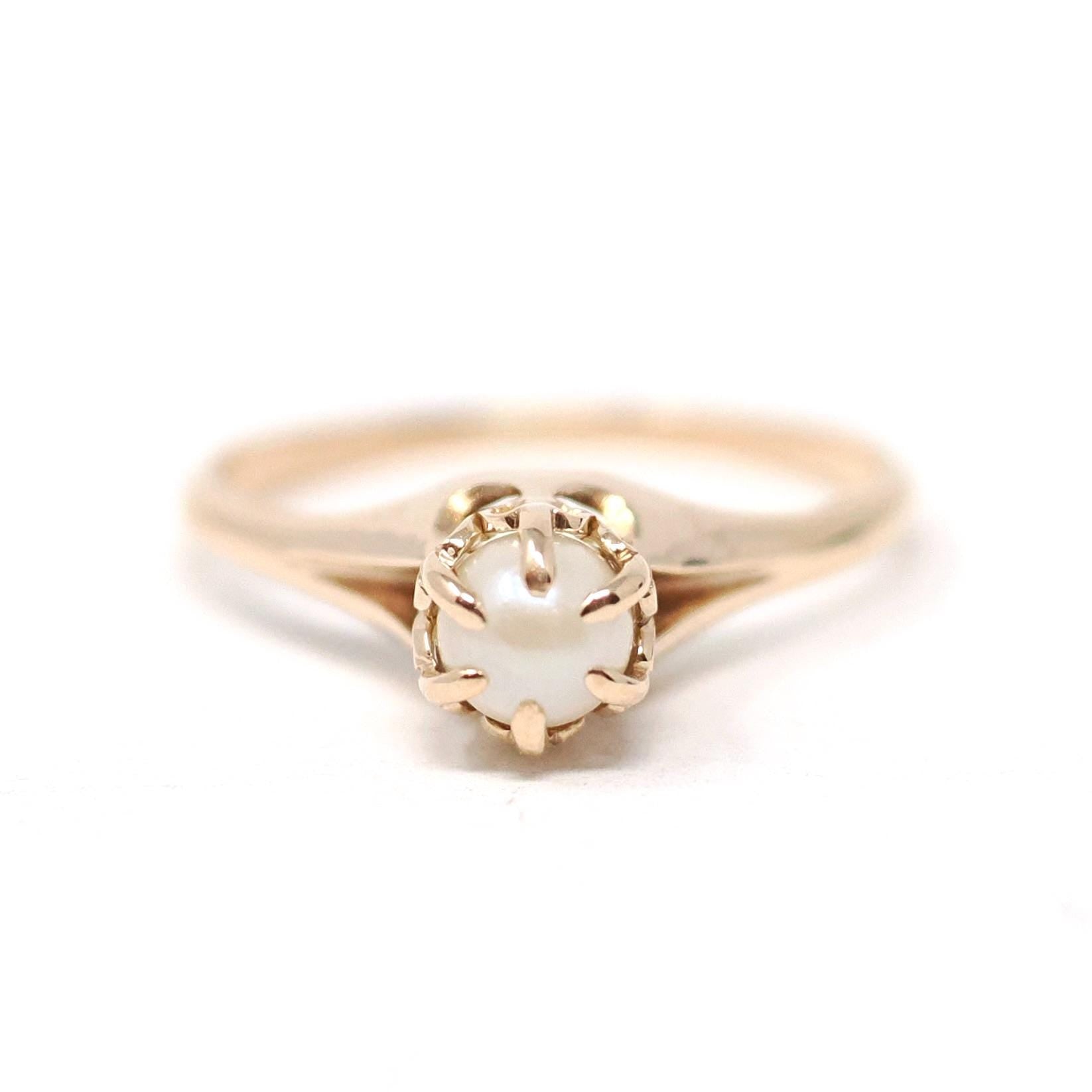 Cultured Pearl Ring - Edwardian 10k Rosy Yellow Gold Crown Basket Setting - Antique Circa 1910s Era Solitaire Size 6 Minimalist Fine Jewelry