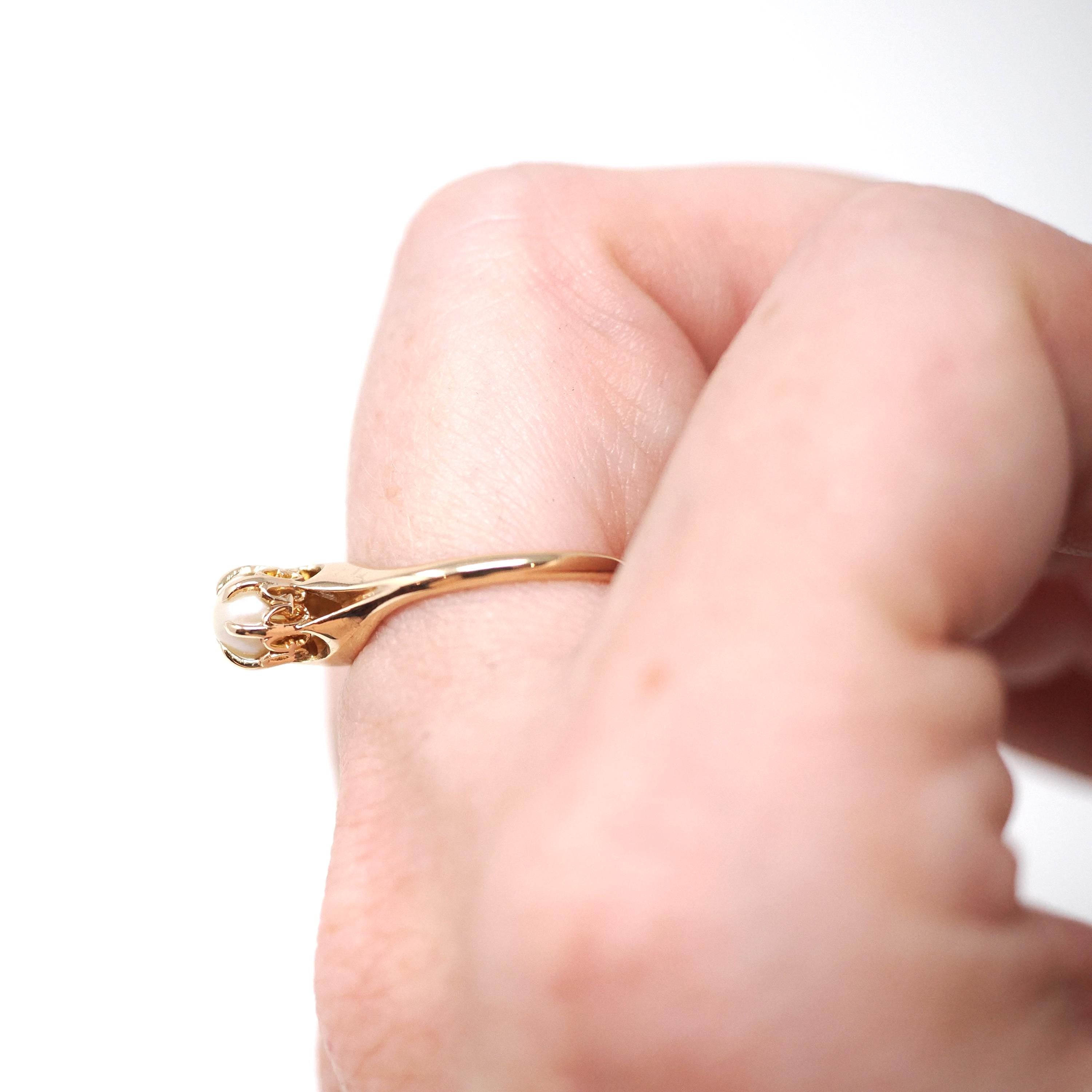 Cultured Pearl Ring - Edwardian 10k Rosy Yellow Gold Crown Basket Setting - Antique Circa 1910s Era Solitaire Size 6 Minimalist Fine Jewelry
