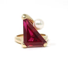 Created Ruby Ring - Retro Era 14k Yellow Gold Fancy Triangle Cut Gemstone - Vintage Circa 1970s Era Size 6 1/4 Pearl Accent Fine Jewelry