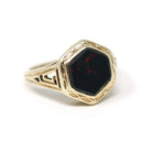 Antique Bloodstone Ring - Vintage 10k Yellow Gold Hexagonal Heliotrope Gem Solitaire - Edwardian Size 4 Key Scroll Open Metal Fine Jewelry