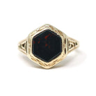Antique Bloodstone Ring - Vintage 10k Yellow Gold Hexagonal Heliotrope Gem Solitaire - Edwardian Size 4 Key Scroll Open Metal Fine Jewelry
