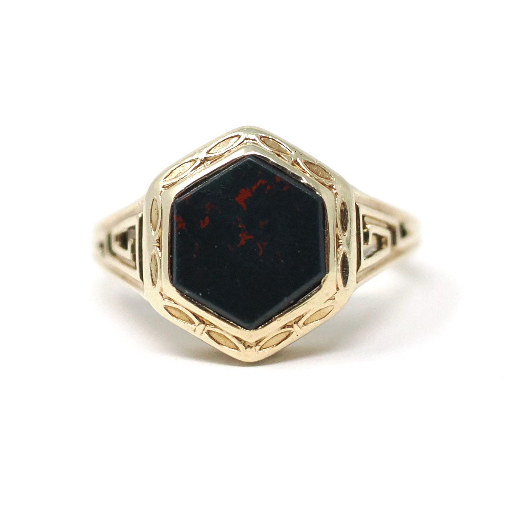 Antique Bloodstone Ring - Vintage 10k Yellow Gold Hexagonal Heliotrope Gem Solitaire - Edwardian Size 4 Key Scroll Open Metal Fine Jewelry