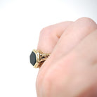 Antique Bloodstone Ring - Vintage 10k Yellow Gold Hexagonal Heliotrope Gem Solitaire - Edwardian Size 4 Key Scroll Open Metal Fine Jewelry