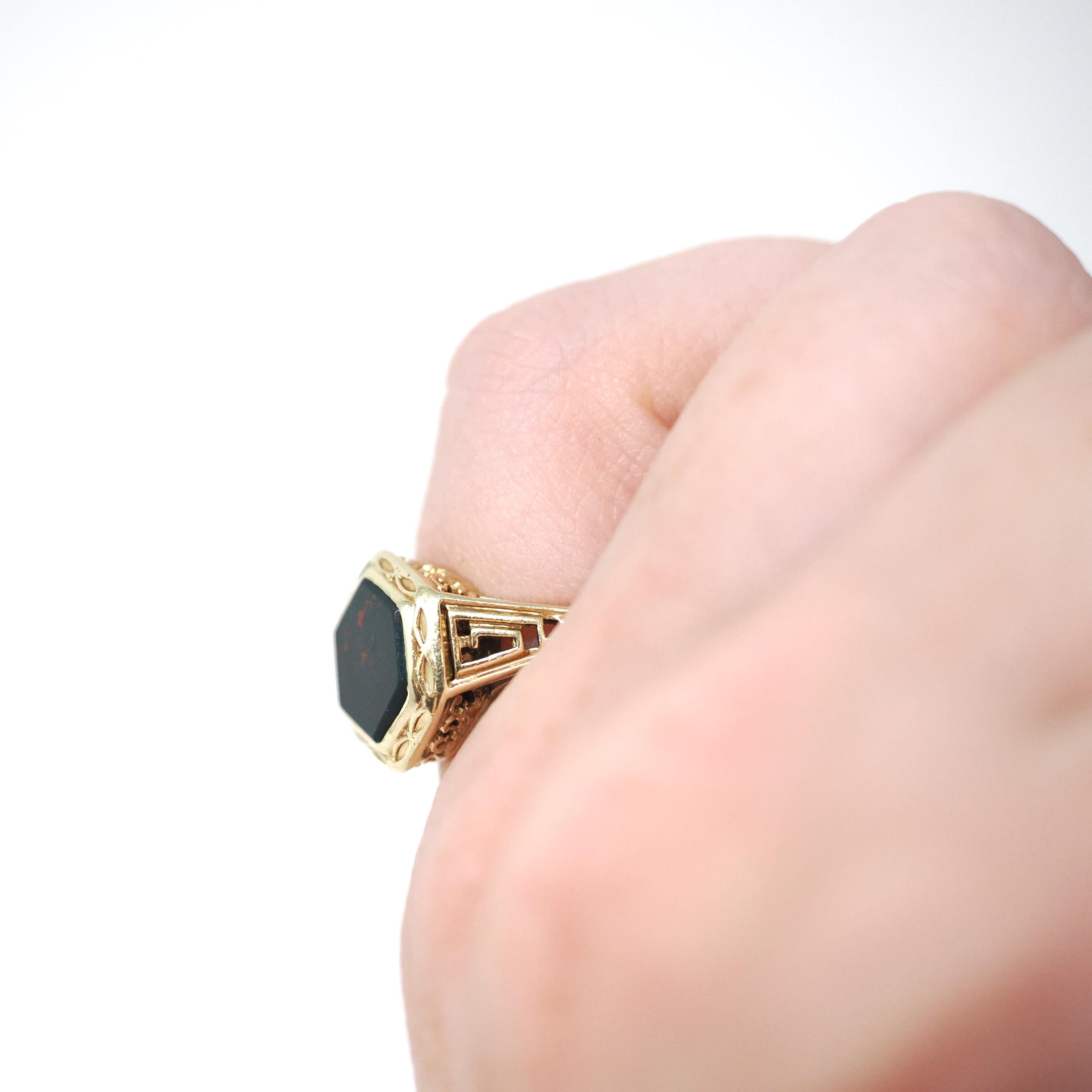 Antique Bloodstone Ring - Vintage 10k Yellow Gold Hexagonal Heliotrope Gem Solitaire - Edwardian Size 4 Key Scroll Open Metal Fine Jewelry