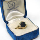 Antique Bloodstone Ring - Vintage 10k Yellow Gold Hexagonal Heliotrope Gem Solitaire - Edwardian Size 4 Key Scroll Open Metal Fine Jewelry