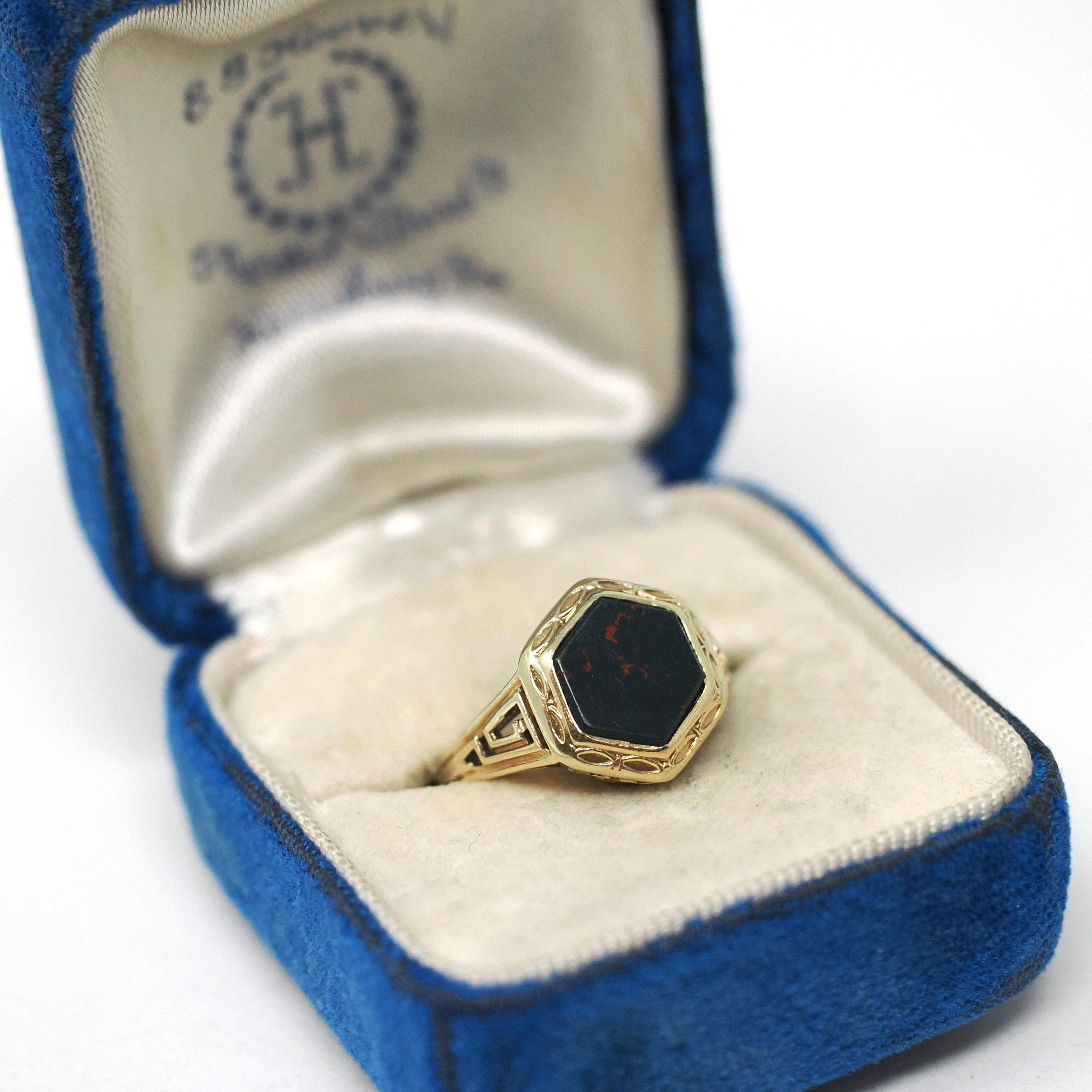 Antique Bloodstone Ring - Vintage 10k Yellow Gold Hexagonal Heliotrope Gem Solitaire - Edwardian Size 4 Key Scroll Open Metal Fine Jewelry