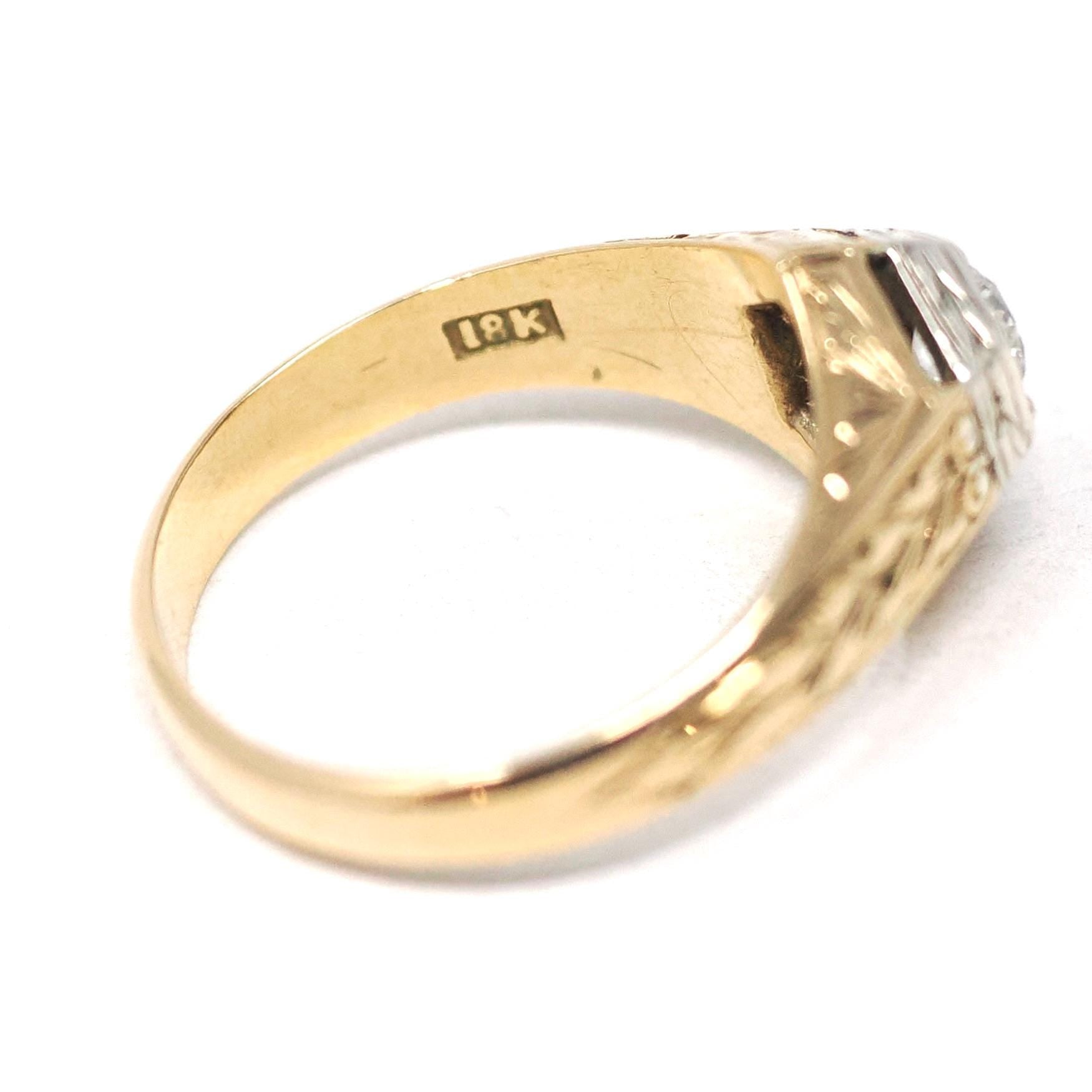 Vintage Diamond Ring - Art Deco 18k Yellow Gold & Silver Hexagonal Unisex .46 CT Engagement - Circa 1930s Bi Tone Size 10 Wheat Fine Jewelry