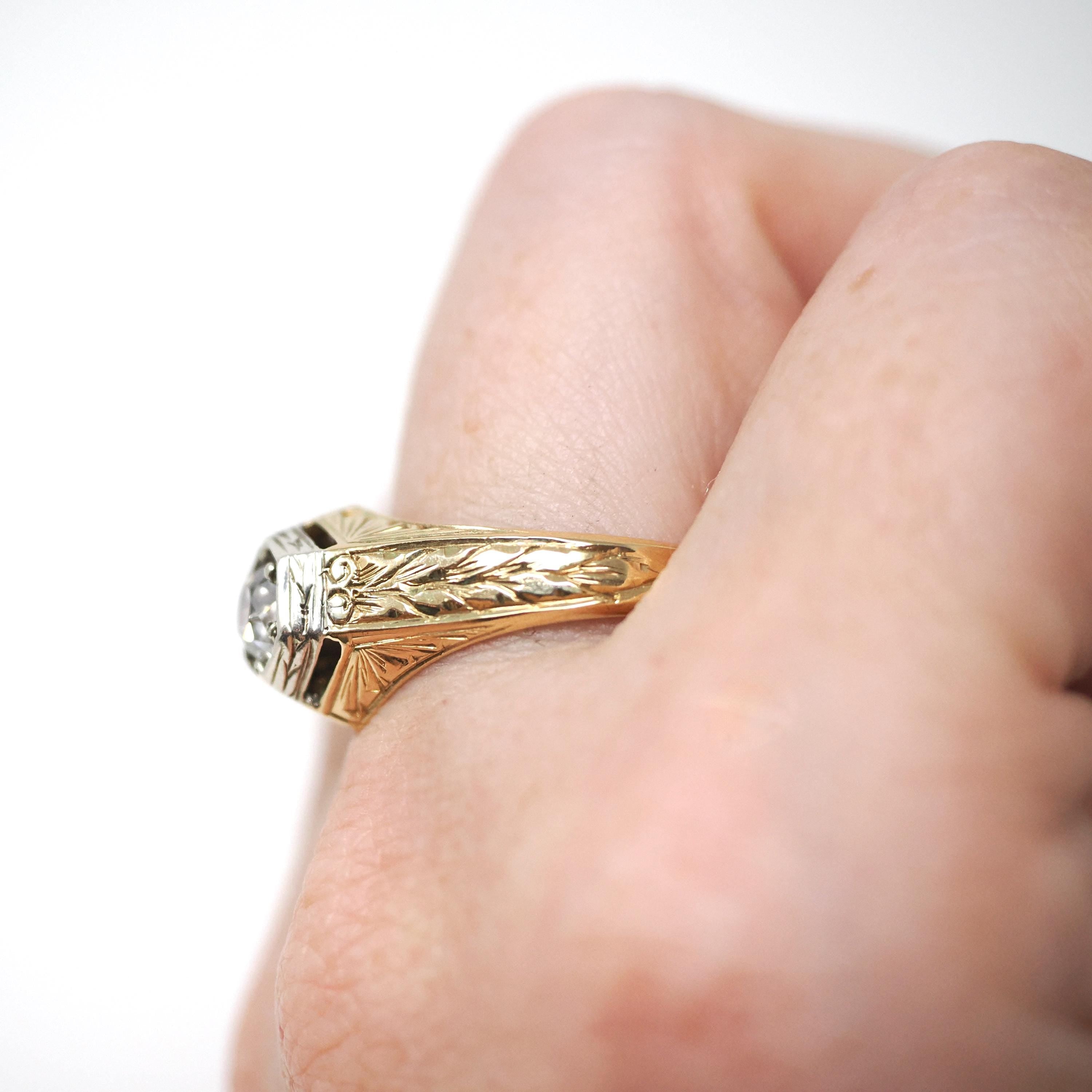 Vintage Diamond Ring - Art Deco 18k Yellow Gold & Silver Hexagonal Unisex .46 CT Engagement - Circa 1930s Bi Tone Size 10 Wheat Fine Jewelry