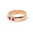 Vintage Three Stone Ring - Mid Century 18k Rose Gold Flush Set Created Ruby Star Incised Statement Band - Circa 1960s Size 5.25 Fine Jewelry