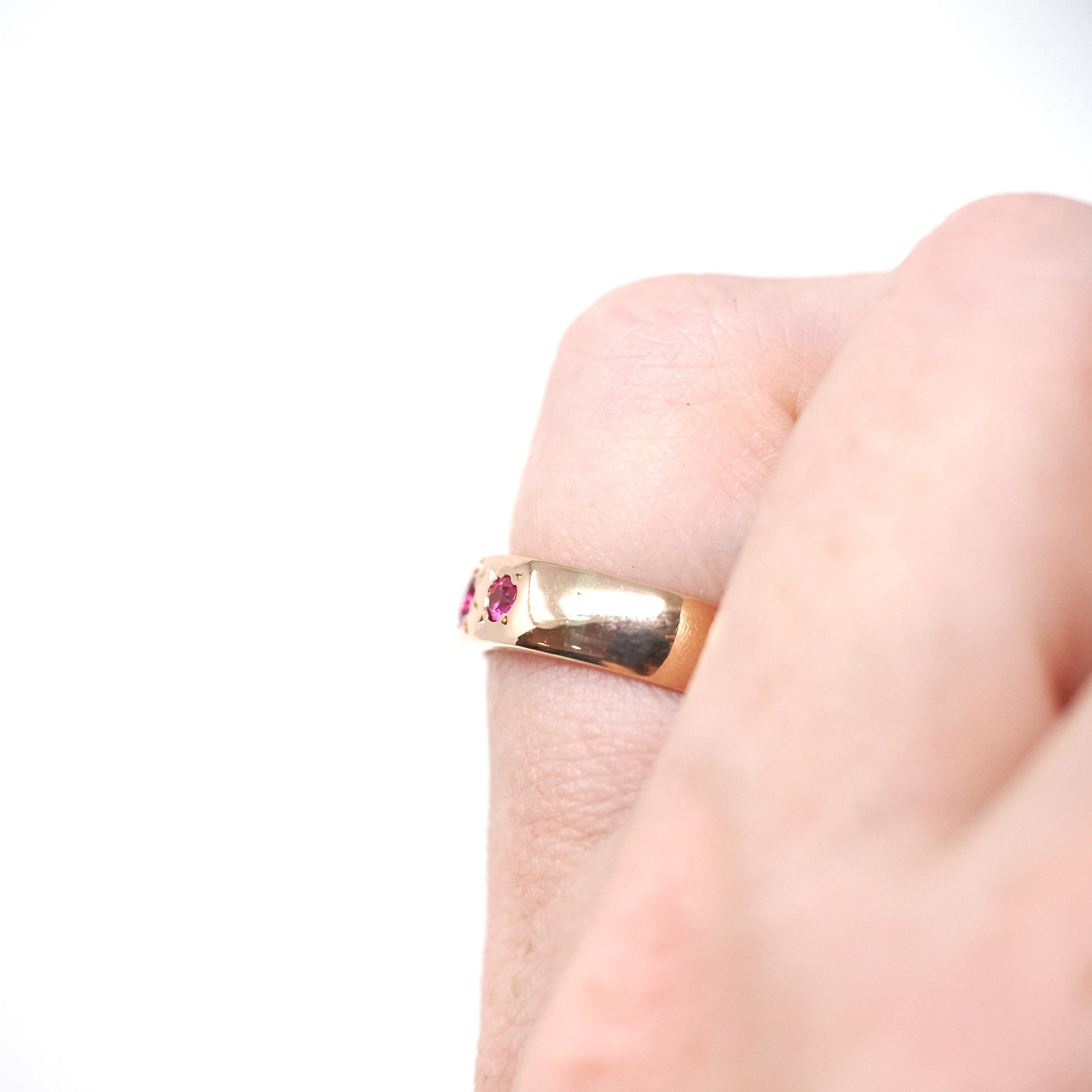 Vintage Three Stone Ring - Mid Century 18k Rose Gold Flush Set Created Ruby Star Incised Statement Band - Circa 1960s Size 5.25 Fine Jewelry