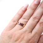 Vintage Three Stone Ring - Mid Century 18k Rose Gold Flush Set Created Ruby Star Incised Statement Band - Circa 1960s Size 5.25 Fine Jewelry
