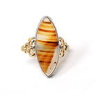 Vintage Banded Agate Ring - Mid Century Sterling Silver & Gold Filled Two Tone Natural Navette Gem - Circa 1940s Era Bows Size 4 3/4 Jewelry