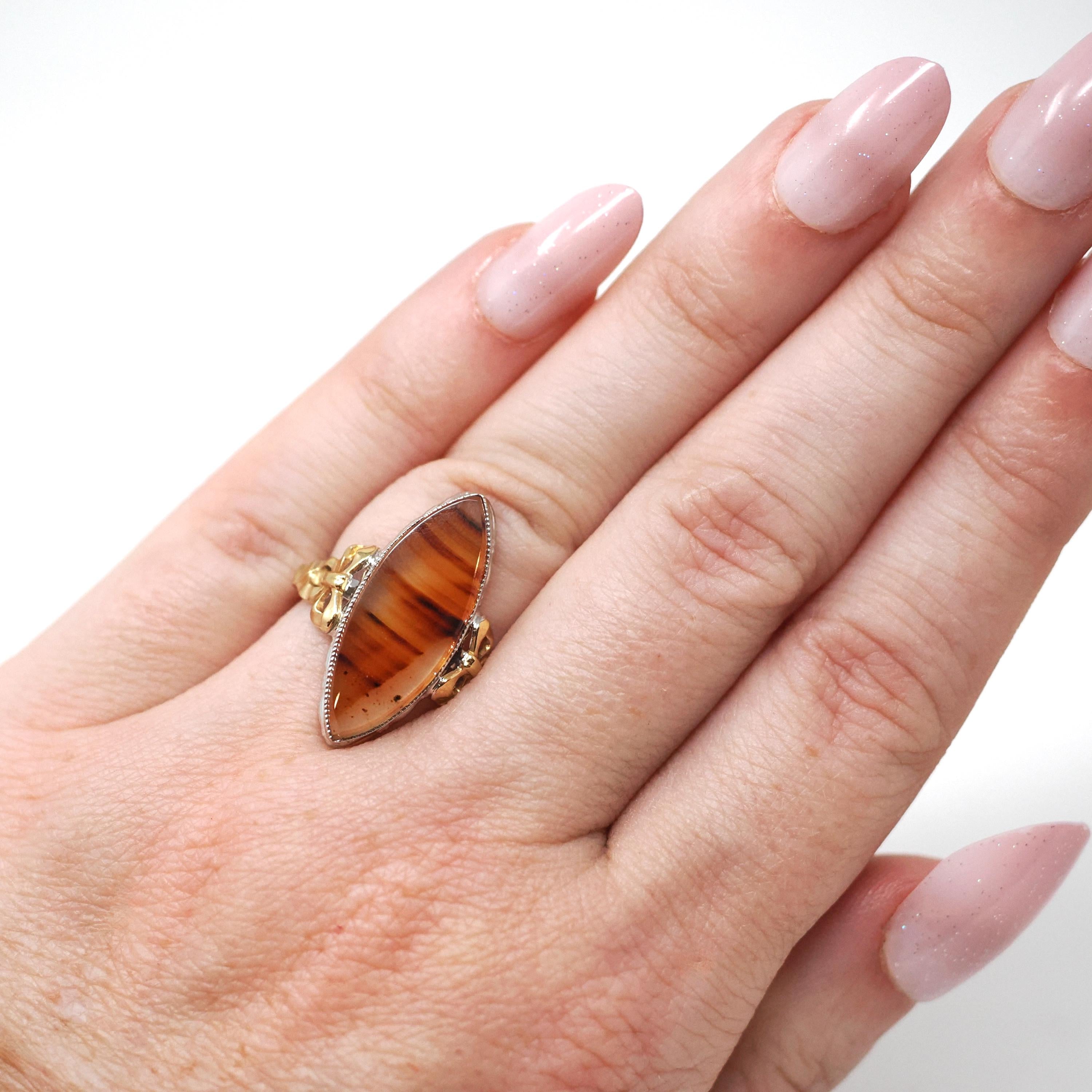 Vintage Banded Agate Ring - Mid Century Sterling Silver & Gold Filled Two Tone Natural Navette Gem - Circa 1940s Era Bows Size 4 3/4 Jewelry