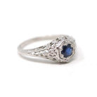 Art Deco Sapphire Ring - Vintage 14k White Gold Die Struck Natural Blue Corundum Gemstone - Circa 1930s Size 9 Filigree Fine Bridal Jewelry