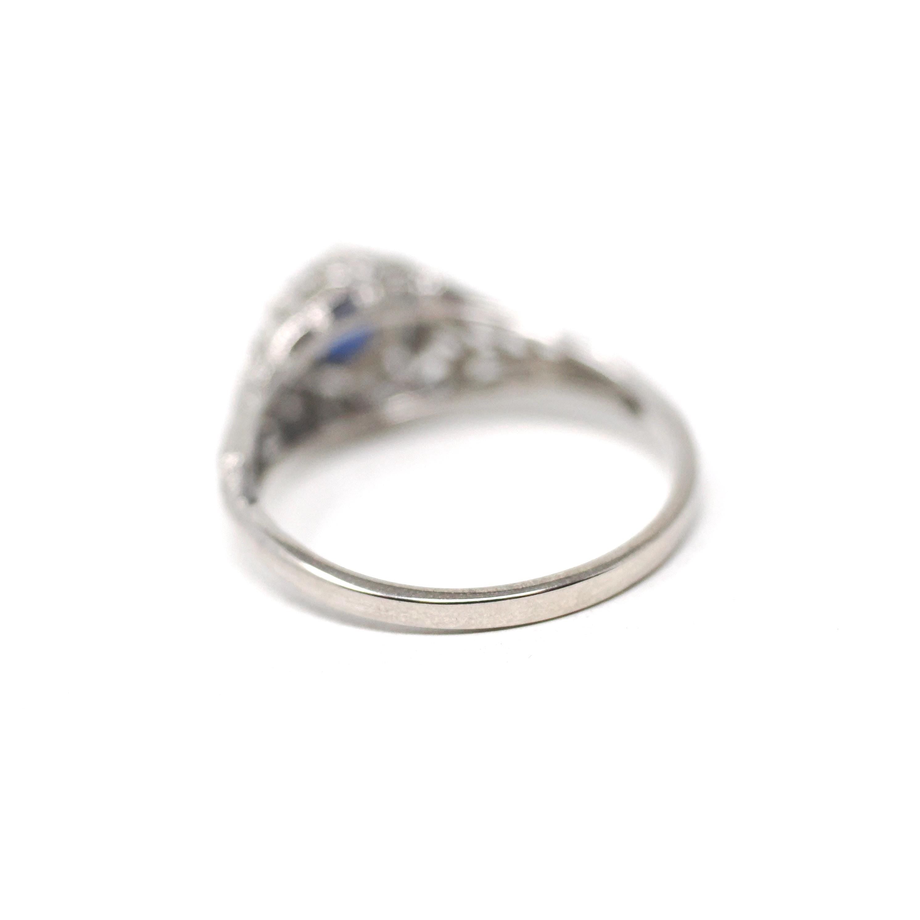 Art Deco Sapphire Ring - Vintage 14k White Gold Die Struck Natural Blue Corundum Gemstone - Circa 1930s Size 9 Filigree Fine Bridal Jewelry