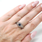 Art Deco Sapphire Ring - Vintage 14k White Gold Die Struck Natural Blue Corundum Gemstone - Circa 1930s Size 9 Filigree Fine Bridal Jewelry