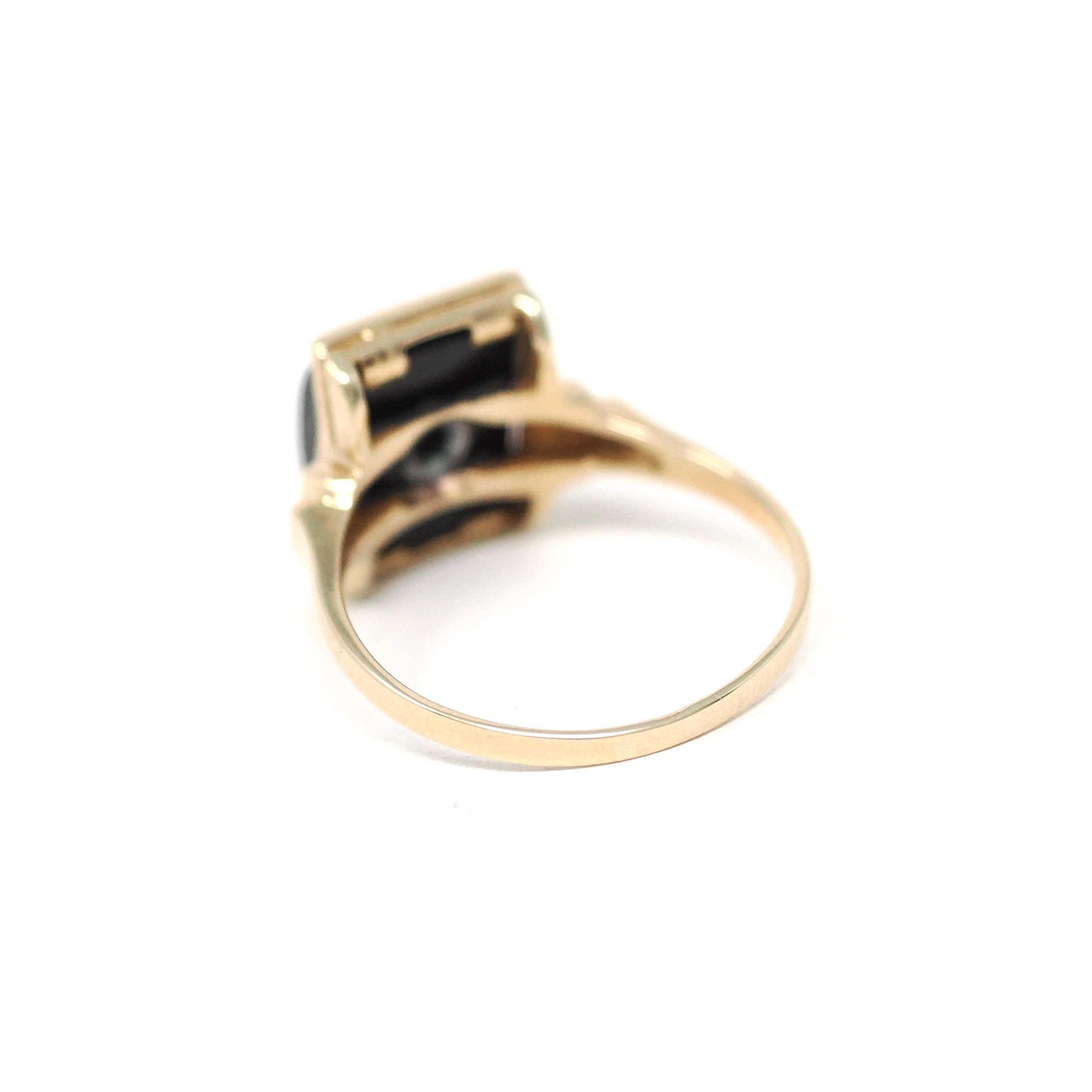 Vintage Onyx Ring - Retro 10k Yellow Gold Black Curved Fancy Cut Gemstone - Circa 1940s Era Size 7.25 Natural Diamond Statement Fine Jewelry