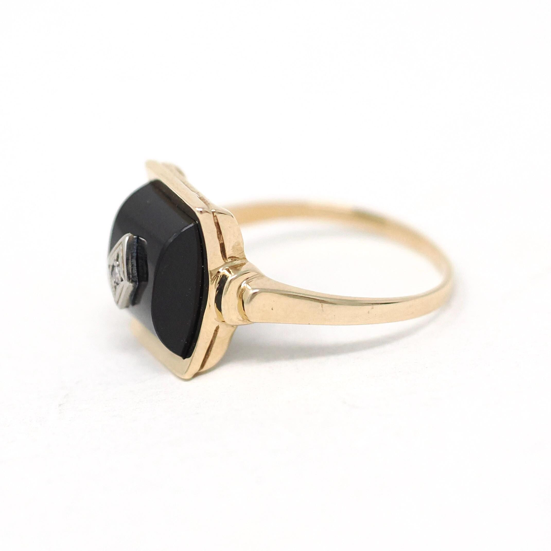 Vintage Onyx Ring - Retro 10k Yellow Gold Black Curved Fancy Cut Gemstone - Circa 1940s Era Size 7.25 Natural Diamond Statement Fine Jewelry