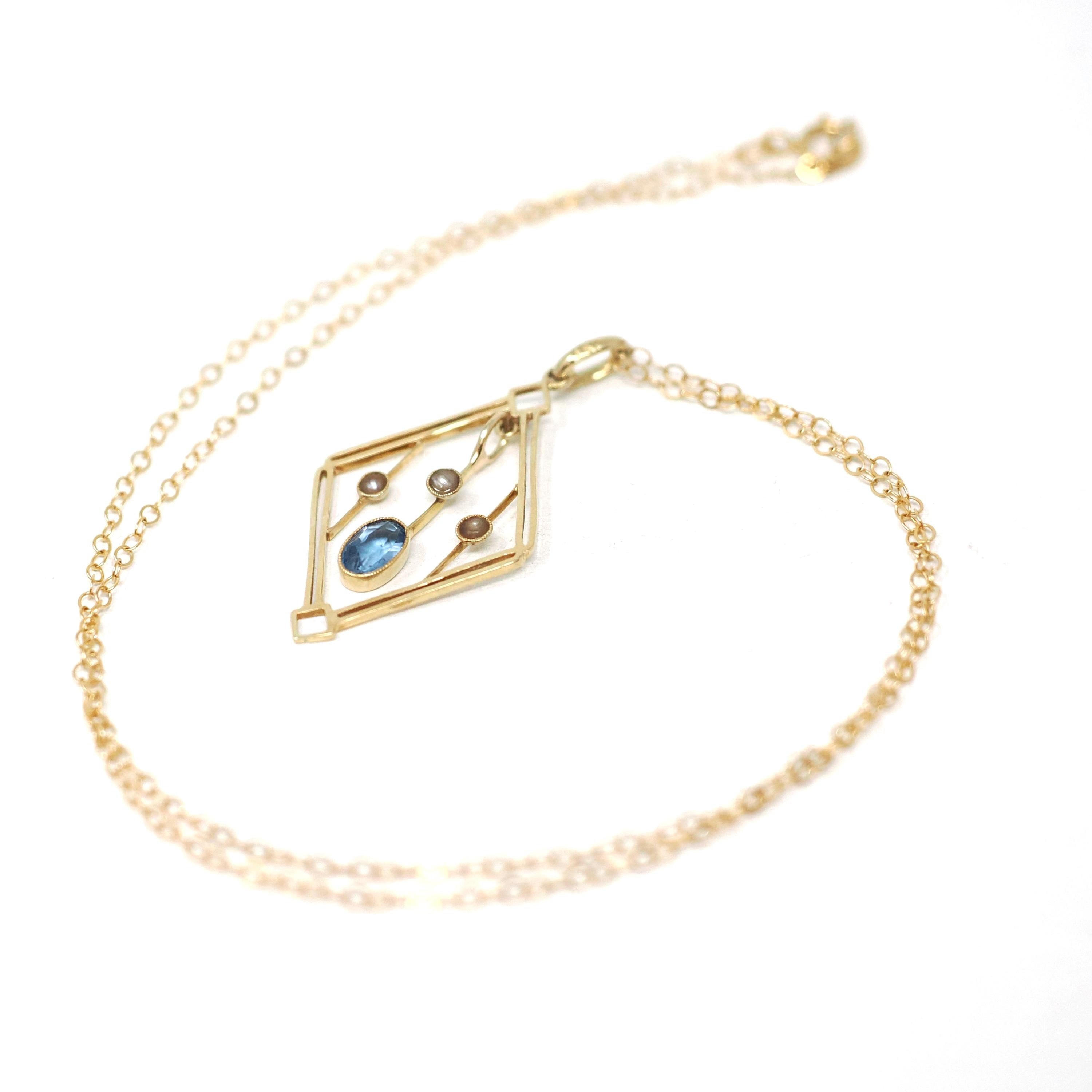 Antique Lavalier Necklace - Edwardian 15k Yellow Gold Natural Dark Blue Oval Aquamarine Gem Pendant - Circa 1910s Seed Pearl Fine Jewelry