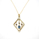 Antique Lavalier Necklace - Edwardian 15k Yellow Gold Natural Dark Blue Oval Aquamarine Gem Pendant - Circa 1910s Seed Pearl Fine Jewelry
