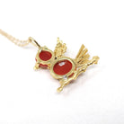 Vintage Tanager Pendant - Retro Era 18k Yellow Gold Figural Avian Coral Charm Necklace - Circa 1970s Ruby Eyes Fine Dainty Bird Fine Jewelry