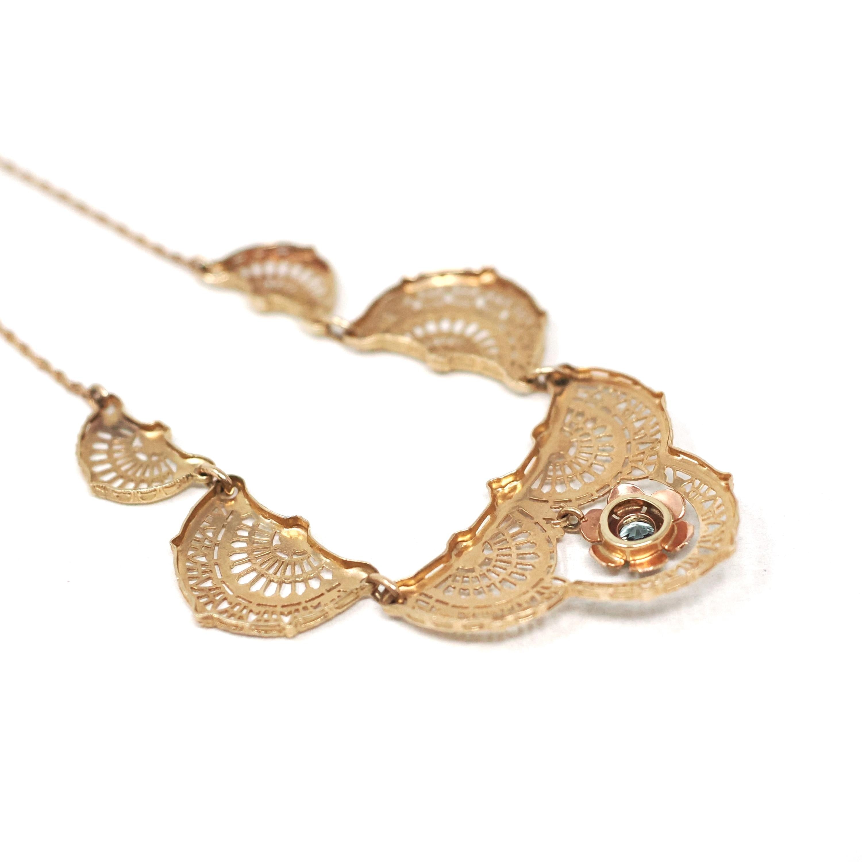 Vintage Filigree Necklace - Mid Century 10k Yellow Gold Natural Blue Zircon Panel Festoon - Early 1940s Deco Style Graduated Fine Jewelry