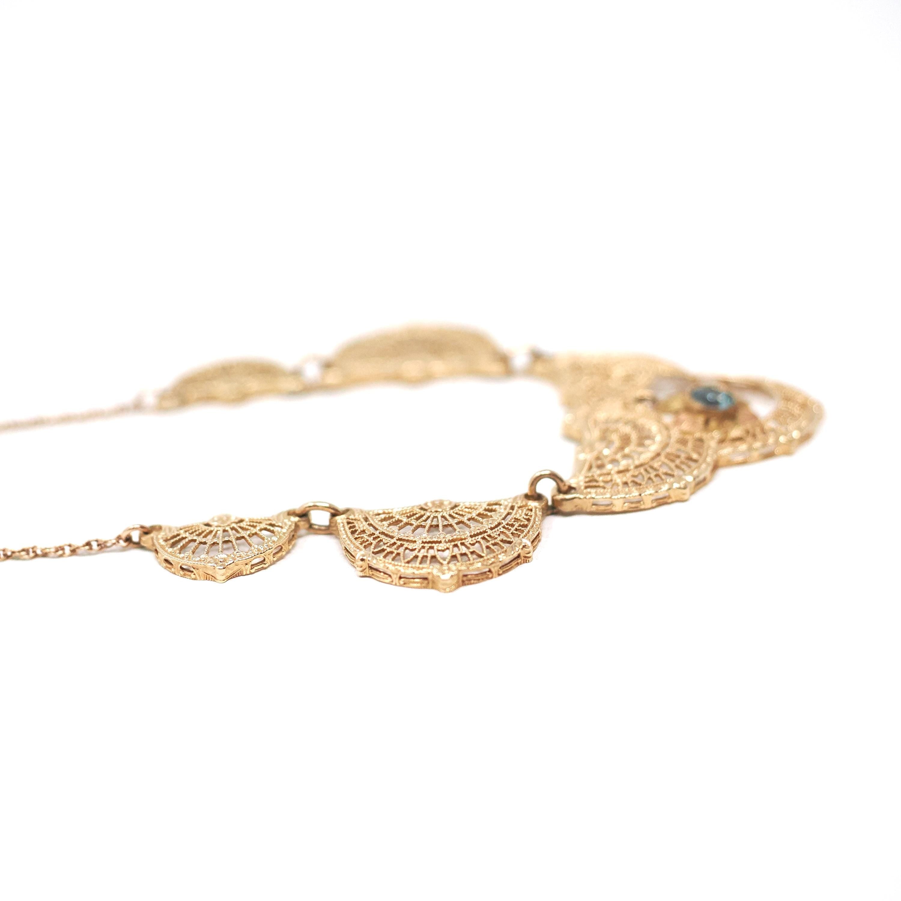 Vintage Filigree Necklace - Mid Century 10k Yellow Gold Natural Blue Zircon Panel Festoon - Early 1940s Deco Style Graduated Fine Jewelry