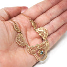 Vintage Filigree Necklace - Mid Century 10k Yellow Gold Natural Blue Zircon Panel Festoon - Early 1940s Deco Style Graduated Fine Jewelry