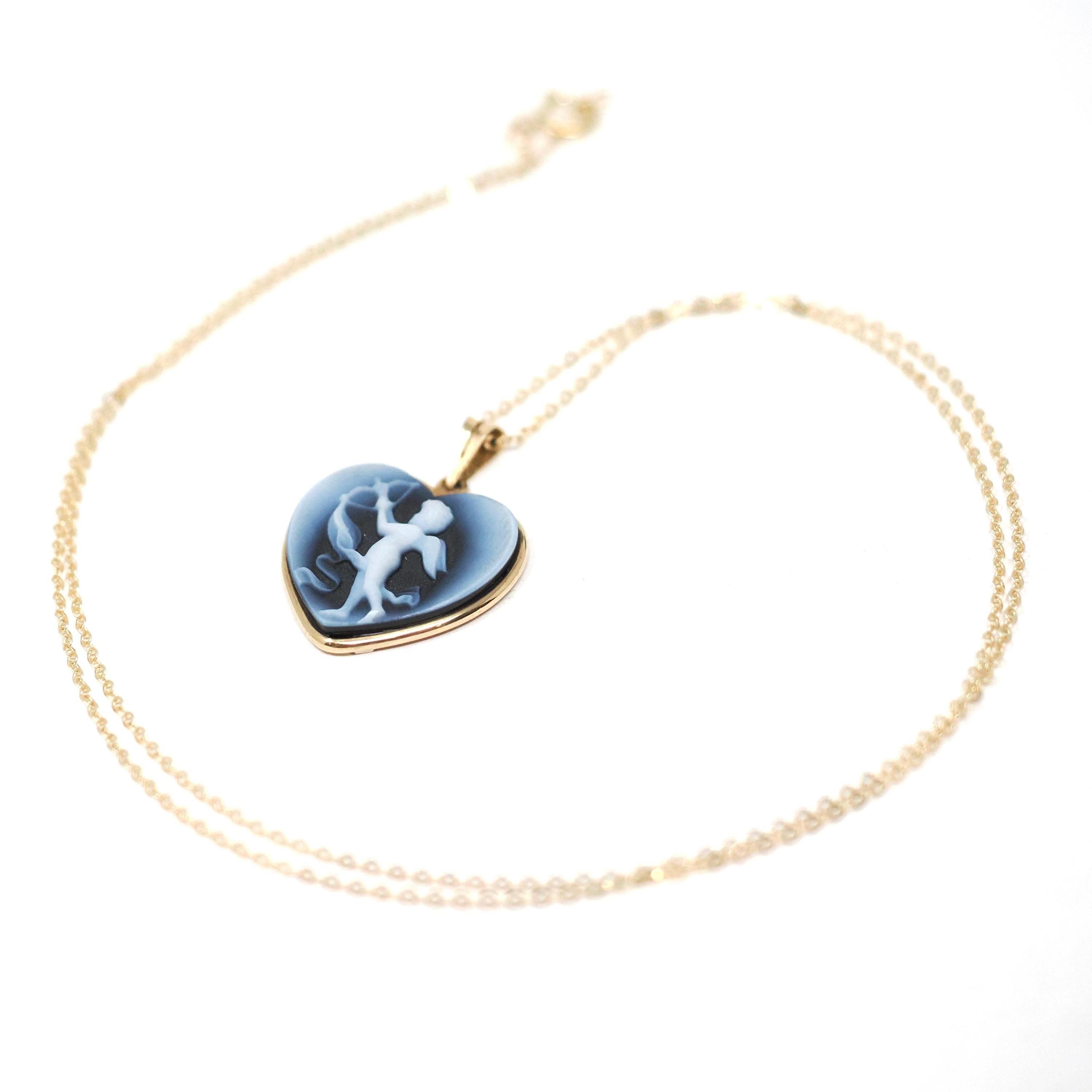 Cupid Heart Pendant - Estate 14k Yellow Gold Carved Black & White Onyx Cherub Bow Charm Necklace - Modern Circa 2000s Era Love Fine Jewelry