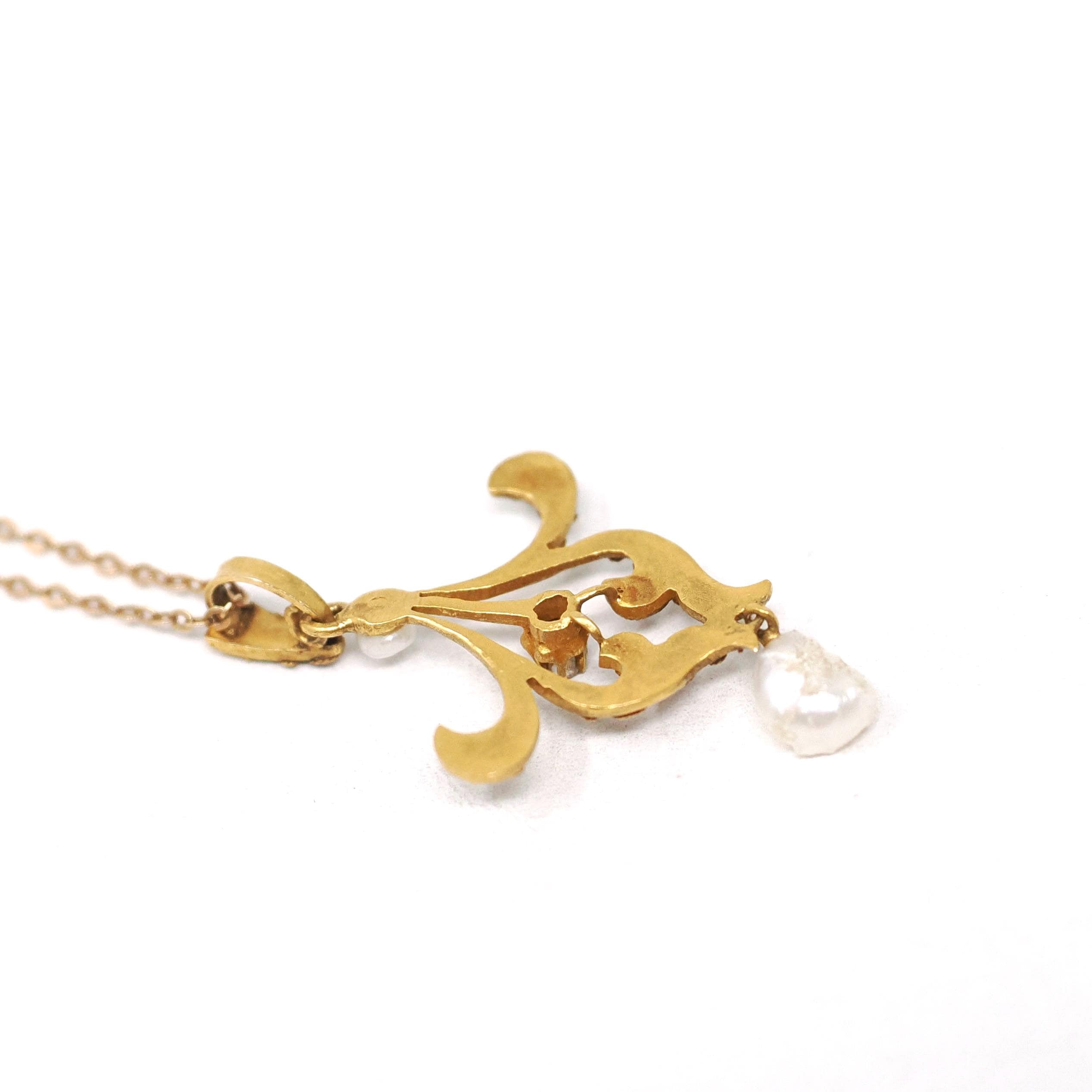 Antique Lavalier Pendant - Vintage 10k Yellow Gold Natural Diamond Baroque Seed Pearl Charm Necklace - Edwardian Circa 1910 Era Fine Jewelry