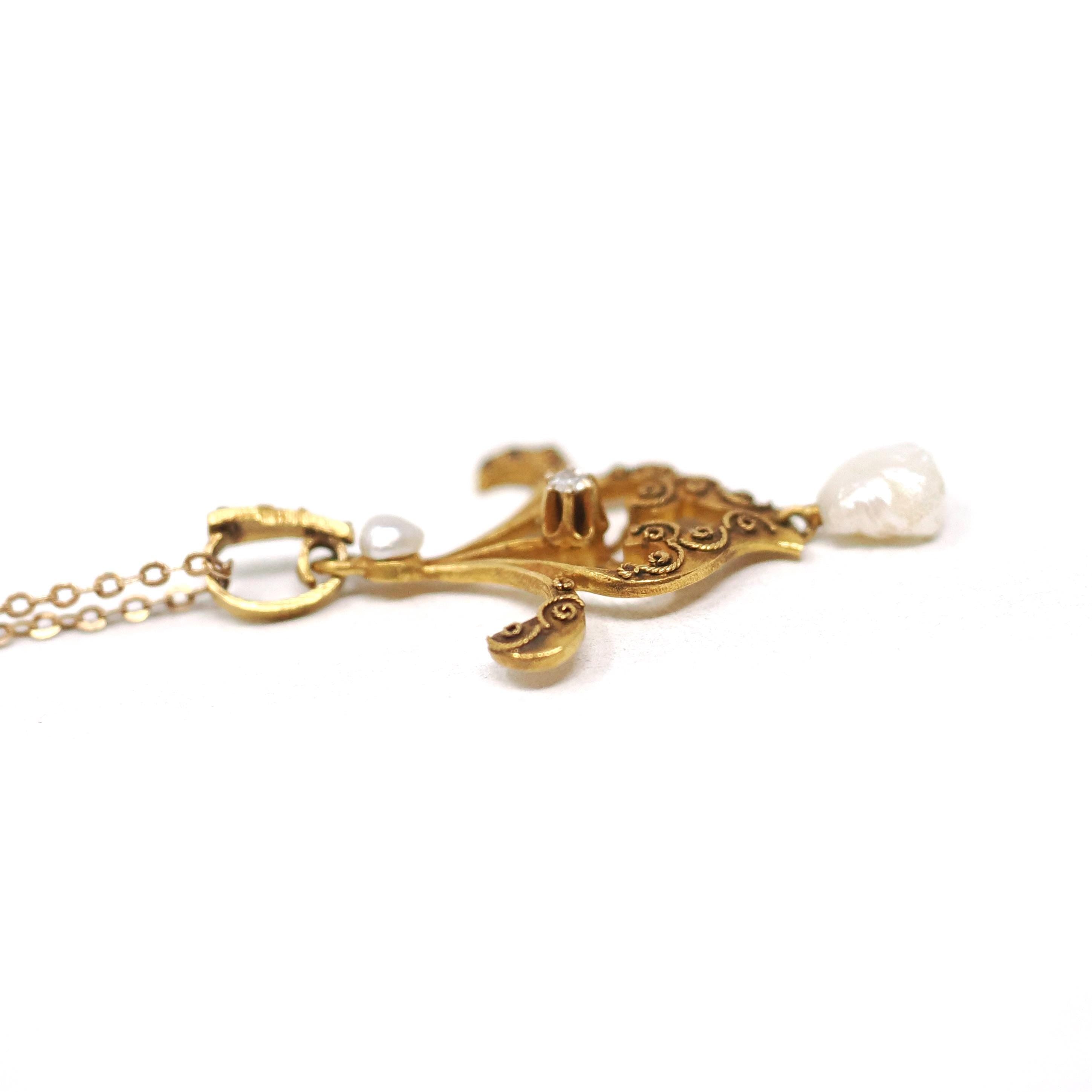 Antique Lavalier Pendant - Vintage 10k Yellow Gold Natural Diamond Baroque Seed Pearl Charm Necklace - Edwardian Circa 1910 Era Fine Jewelry