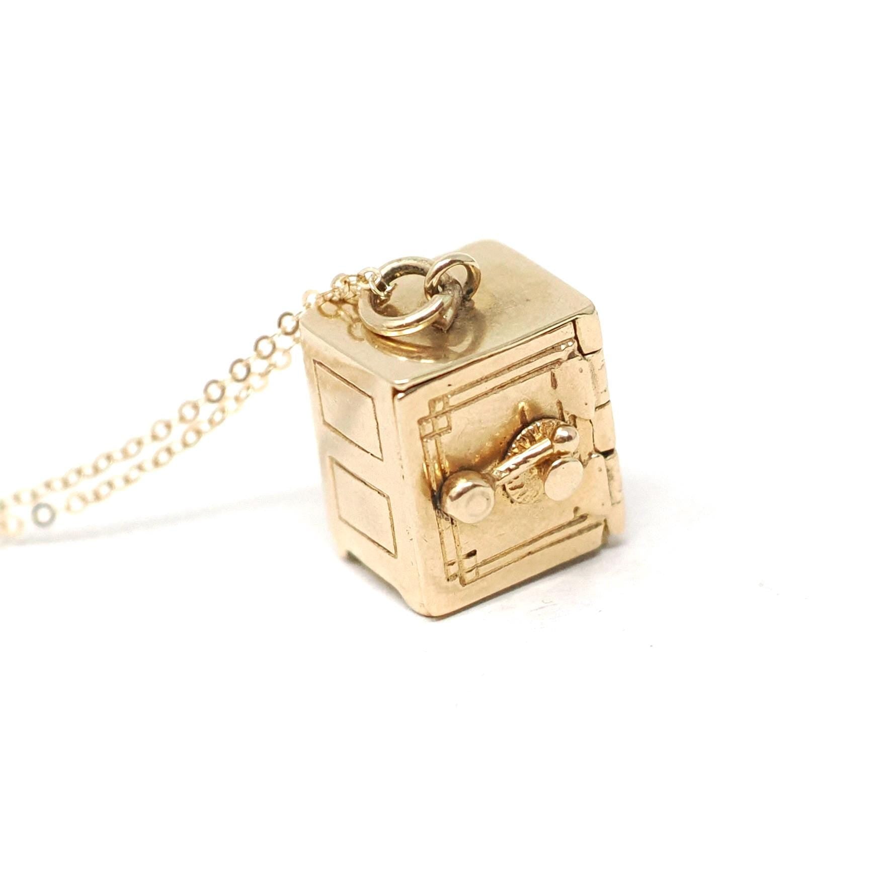Money Safe Charm - Mid Century 14k Yellow Gold Pendant Vault Necklace - Vintage Circa 1950s Era Kinetic Moveable Handle Fine 50s Jewelry