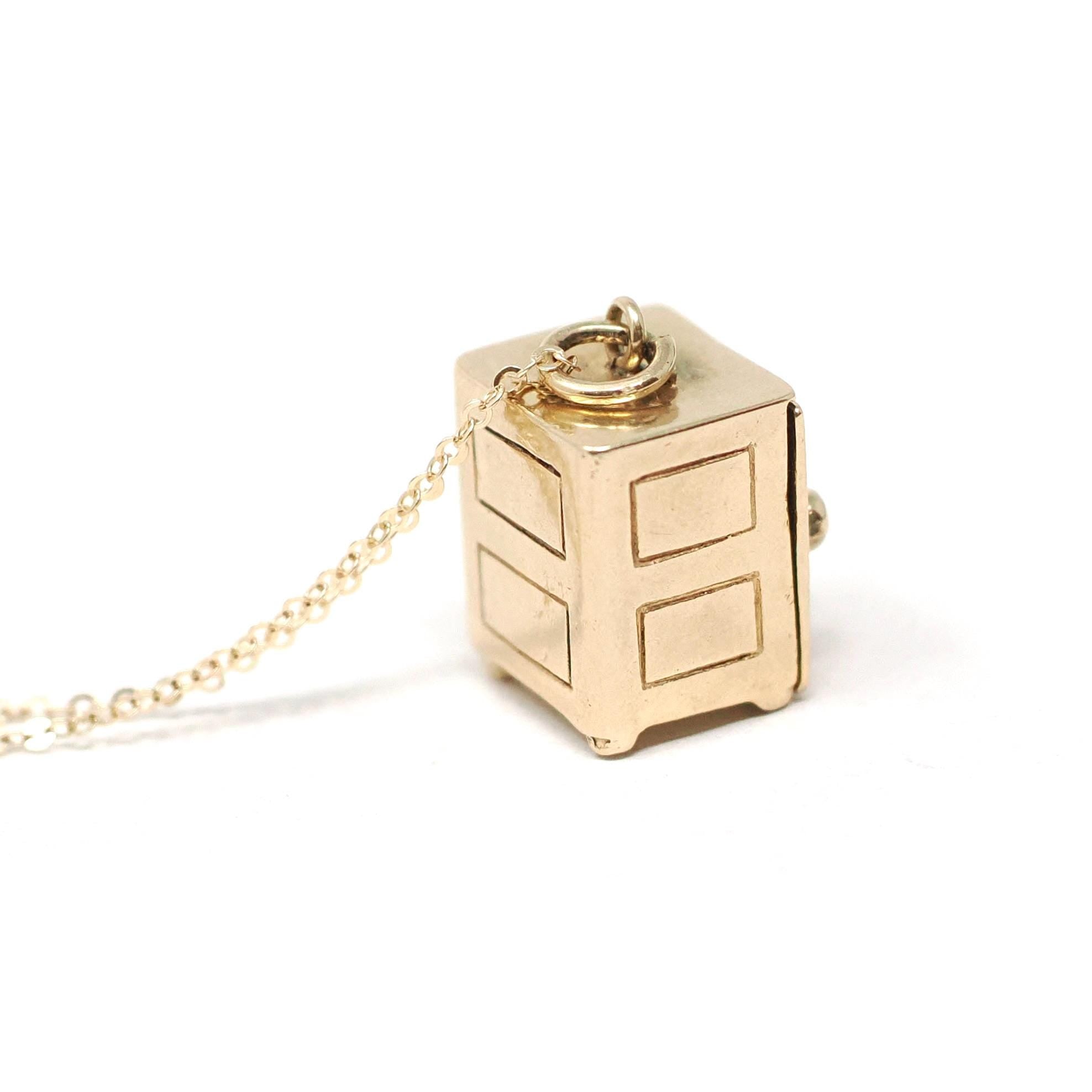 Money Safe Charm - Mid Century 14k Yellow Gold Pendant Vault Necklace - Vintage Circa 1950s Era Kinetic Moveable Handle Fine 50s Jewelry