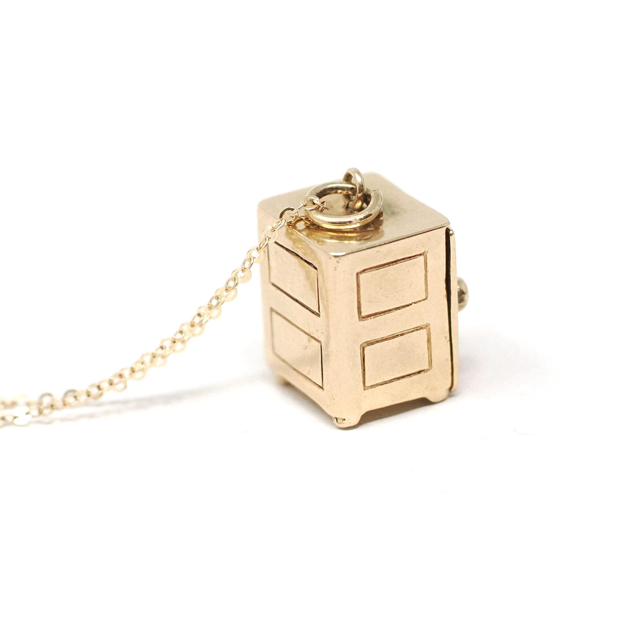 Money Safe Charm - Mid Century 14k Yellow Gold Pendant Vault Necklace - Vintage Circa 1950s Era Kinetic Moveable Handle Fine 50s Jewelry