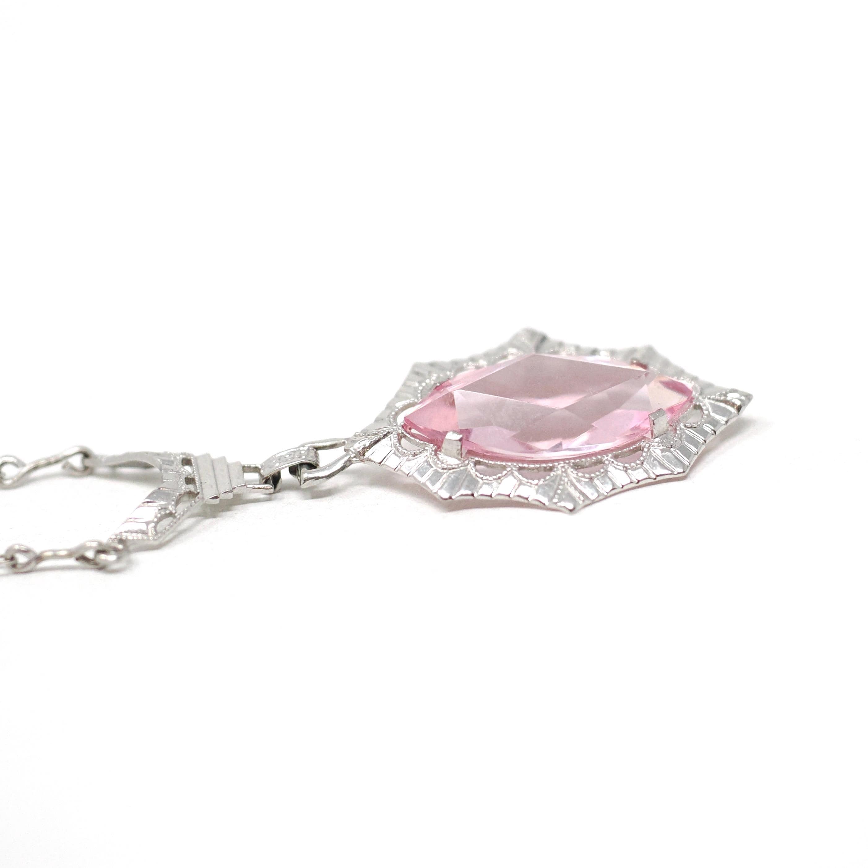 Art Deco Lavalier - Vintage 10k White Gold Simulated Pink Sapphire Necklace Pendant Charm - Circa 1930s Era Glass Marquise Fine 30s Jewelry
