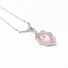 Art Deco Lavalier - Vintage 10k White Gold Simulated Pink Sapphire Necklace Pendant Charm - Circa 1930s Era Glass Marquise Fine 30s Jewelry