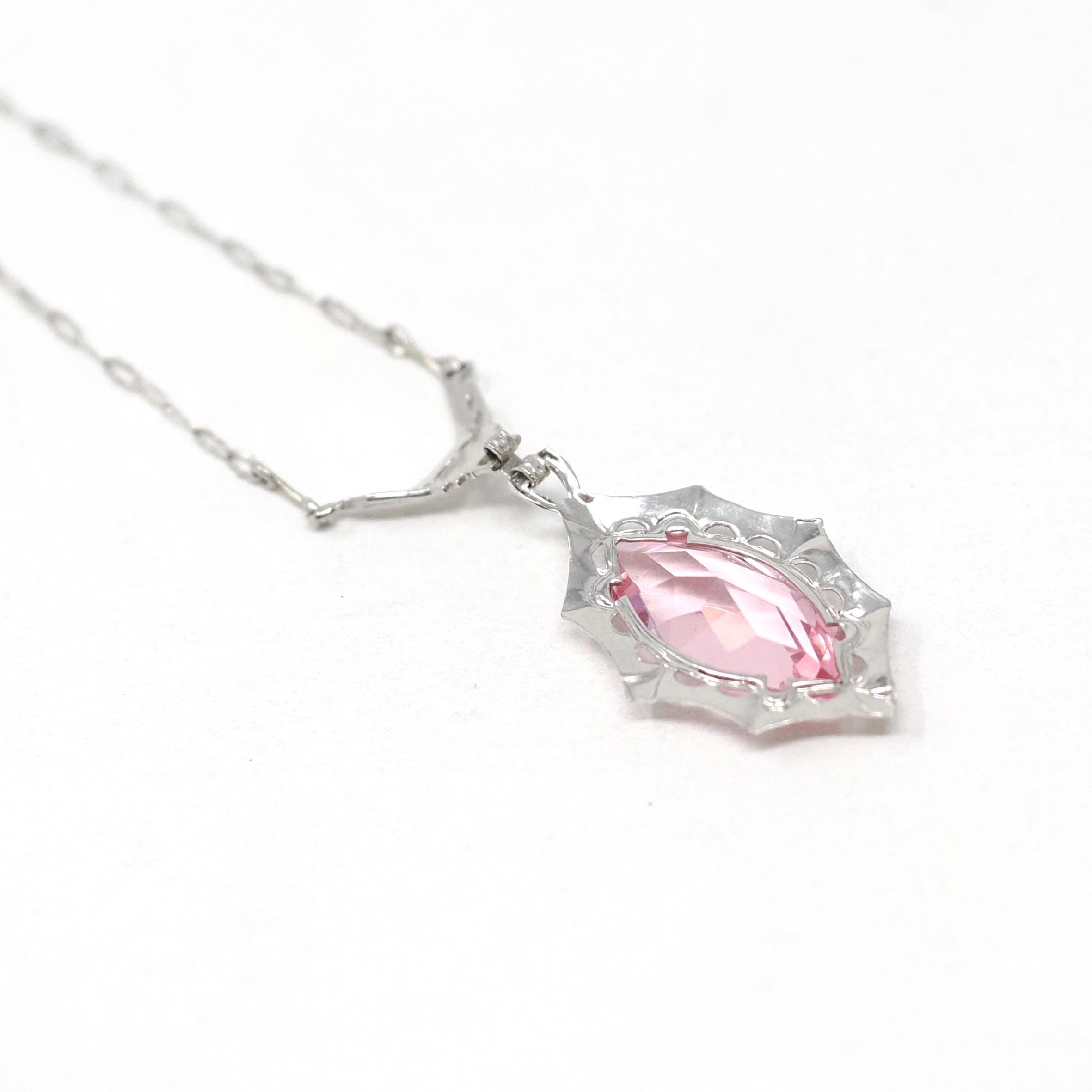 Art Deco Lavalier - Vintage 10k White Gold Simulated Pink Sapphire Necklace Pendant Charm - Circa 1930s Era Glass Marquise Fine 30s Jewelry