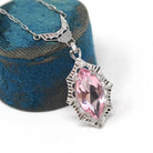 Art Deco Lavalier - Vintage 10k White Gold Simulated Pink Sapphire Necklace Pendant Charm - Circa 1930s Era Glass Marquise Fine 30s Jewelry