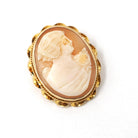 Vintage Cameo Brooch - Retro 10k Yellow Gold Oval Carved Shell Women's Bust Pin - Circa 1940s Era Statement Fashion Accessory Fine Jewelry