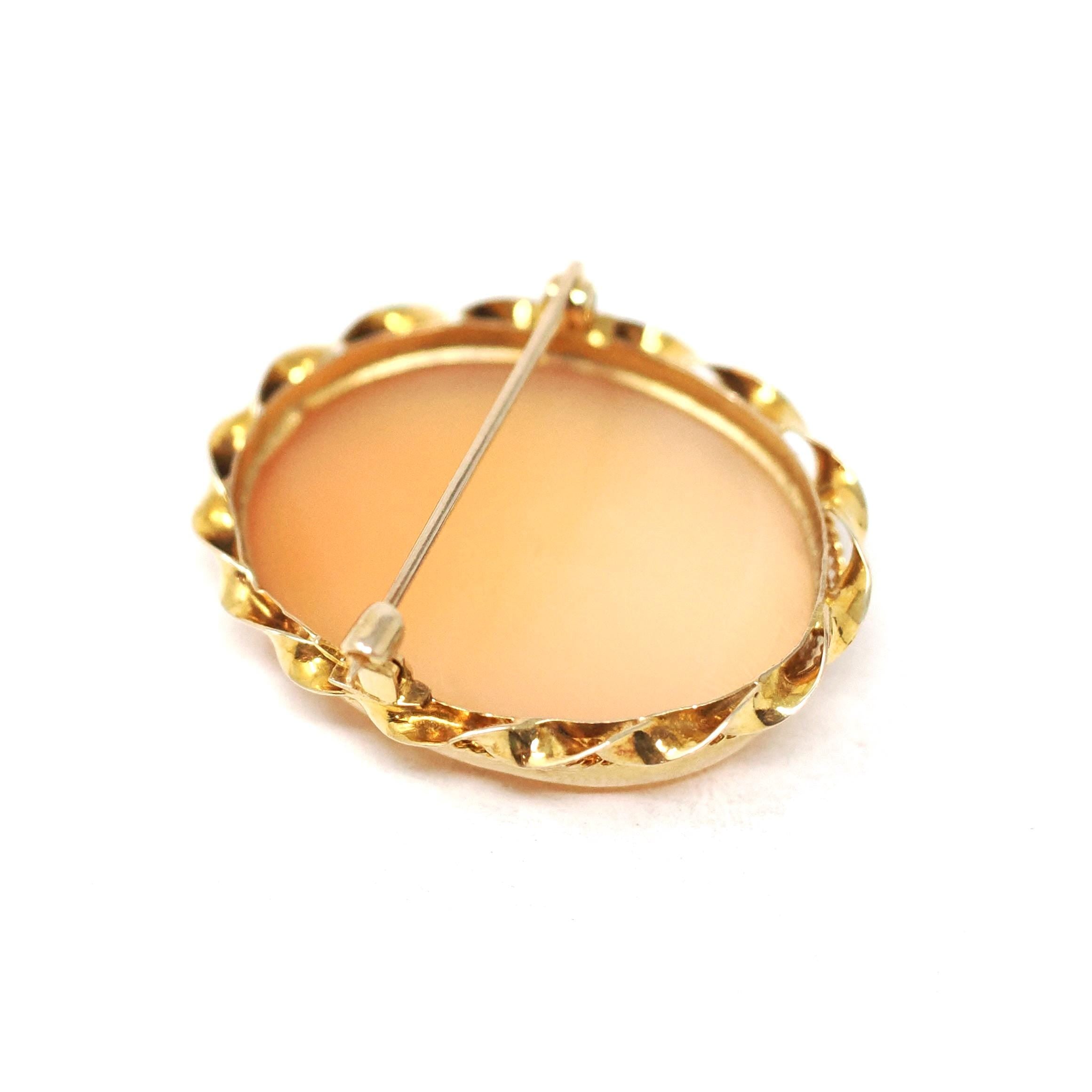 Vintage Cameo Brooch - Retro 10k Yellow Gold Oval Carved Shell Women's Bust Pin - Circa 1940s Era Statement Fashion Accessory Fine Jewelry