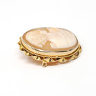 Vintage Cameo Brooch - Retro 10k Yellow Gold Oval Carved Shell Women's Bust Pin - Circa 1940s Era Statement Fashion Accessory Fine Jewelry