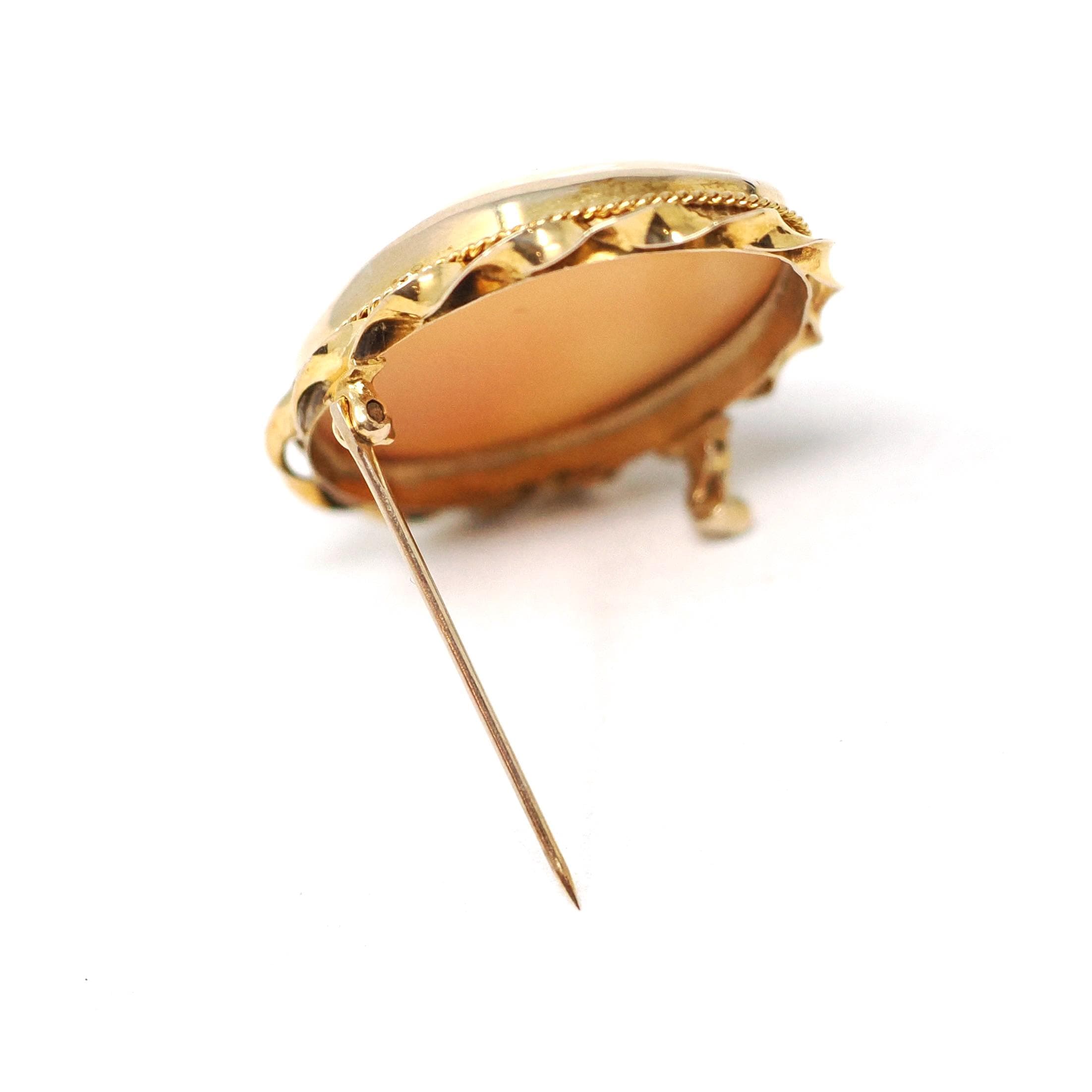 Vintage Cameo Brooch - Retro 10k Yellow Gold Oval Carved Shell Women's Bust Pin - Circa 1940s Era Statement Fashion Accessory Fine Jewelry