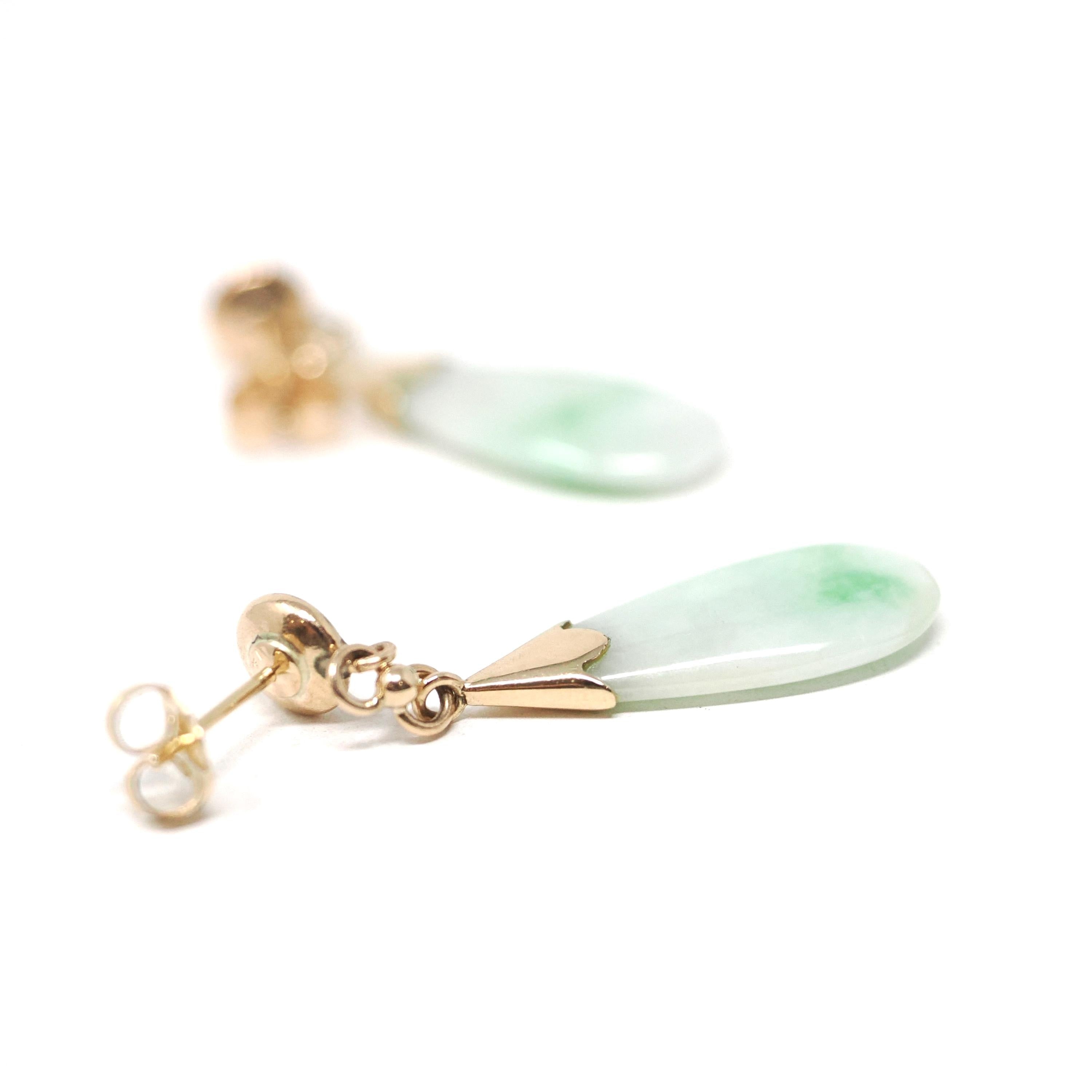 Jadeite Drop Earrings - Vintage 14k Yellow Gold Natural Teardrop Gem Drops - Light Green Circa 1960s Era Pierced Friction Post Fine Jewelry
