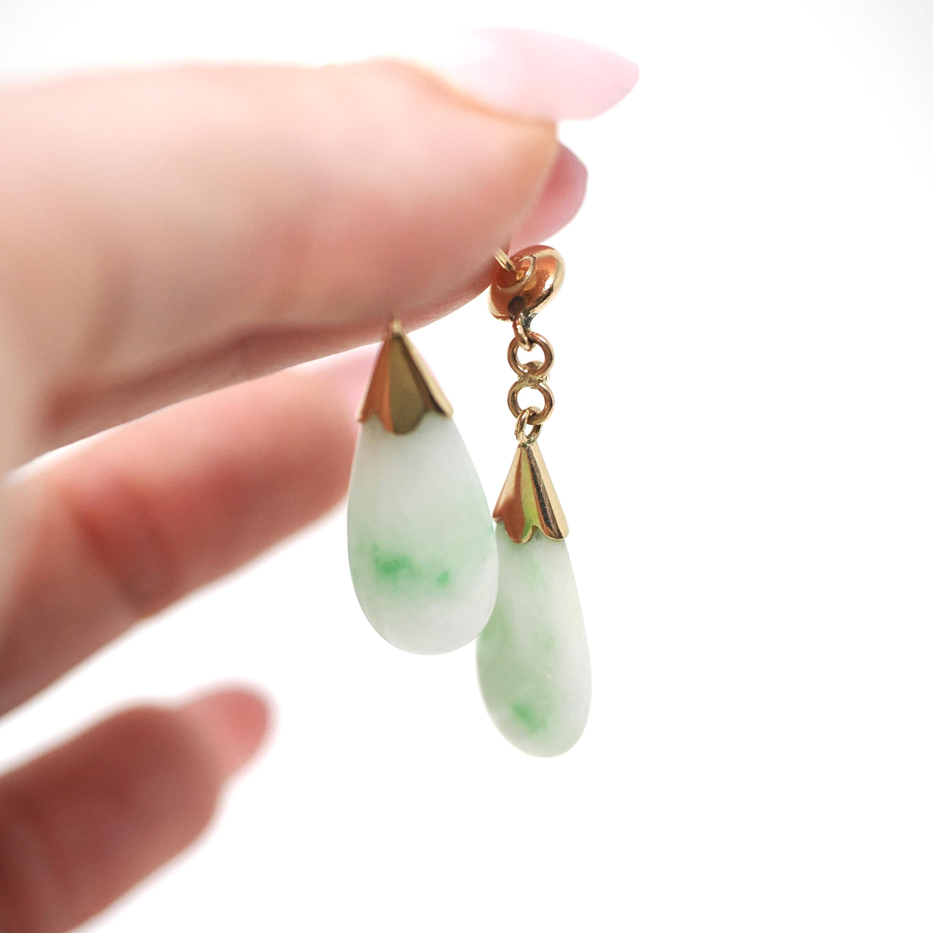 Jadeite Drop Earrings - Vintage 14k Yellow Gold Natural Teardrop Gem Drops - Light Green Circa 1960s Era Pierced Friction Post Fine Jewelry