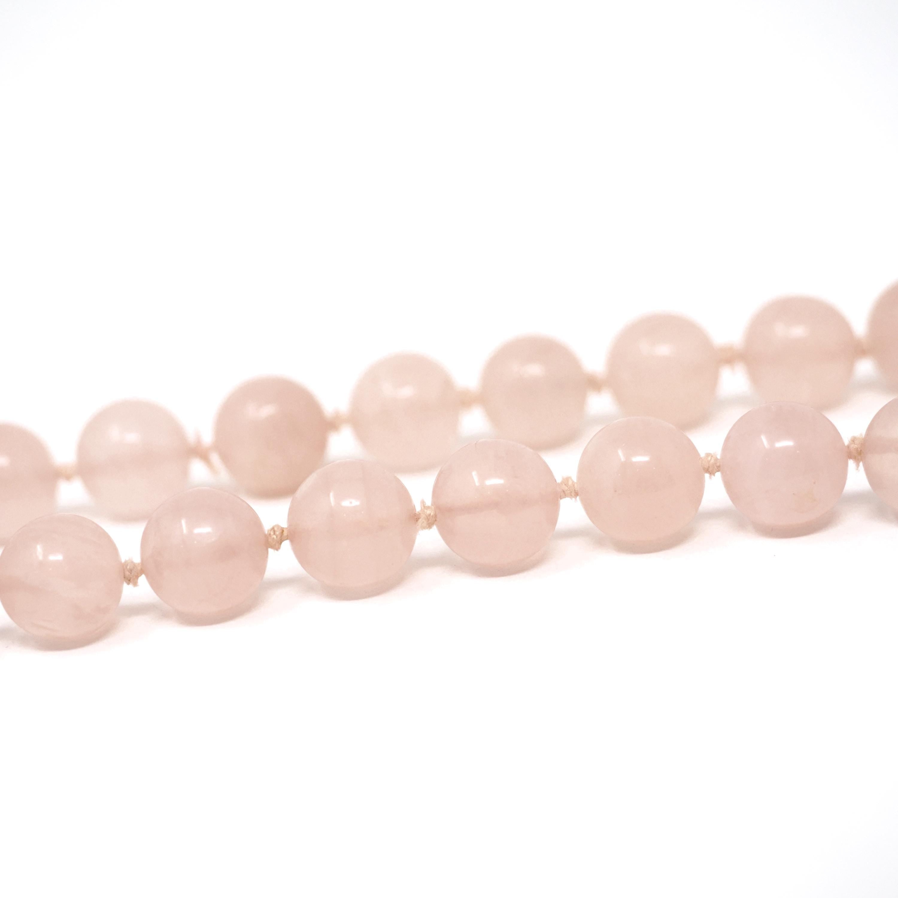 Rose Quartz Necklace - Modern Estate Natural 12.2MM Round Pink Quartz Bead Strand - Circa 2000s Individual Knotted Silk Healing Love Jewelry