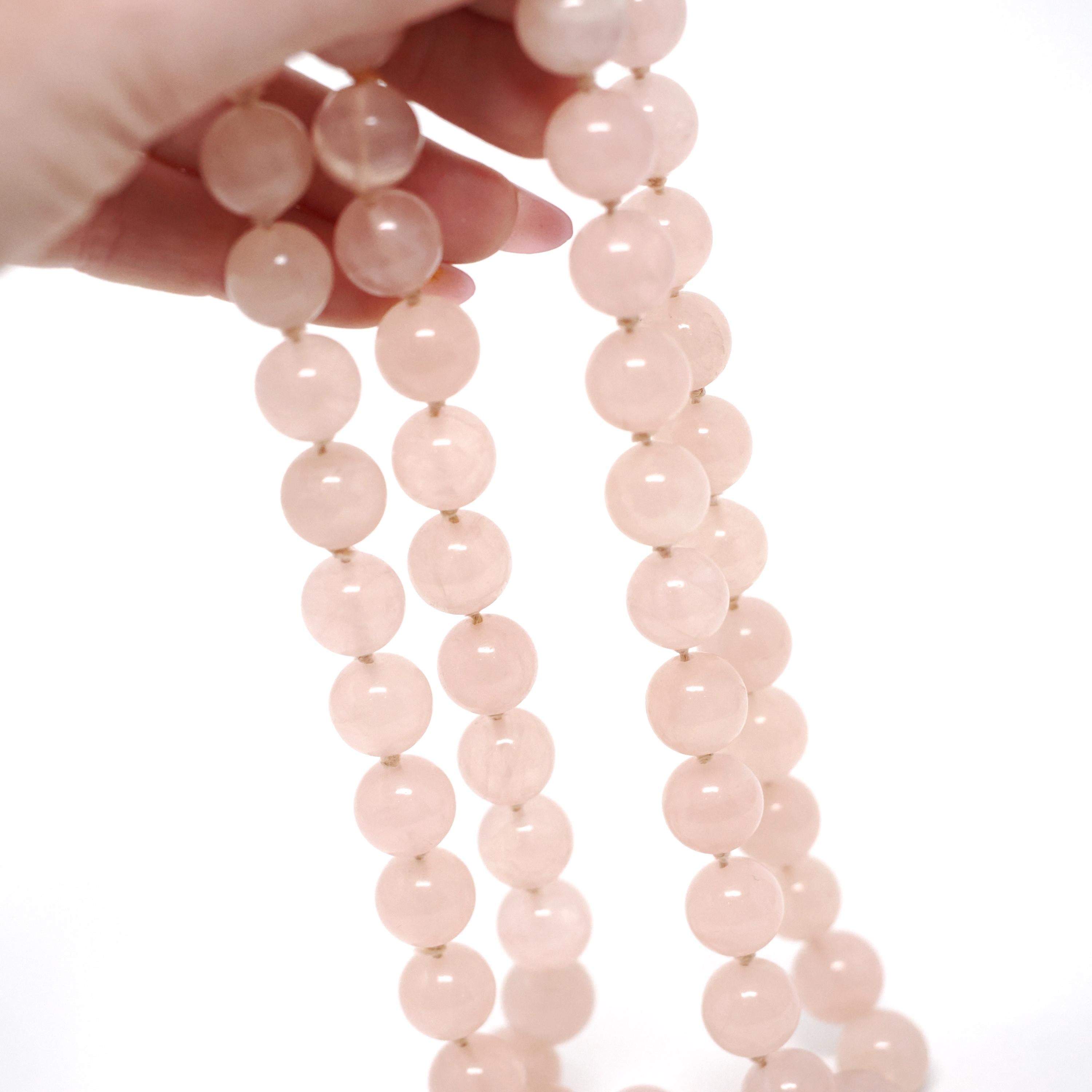 Rose Quartz Necklace - Modern Estate Natural 12.2MM Round Pink Quartz Bead Strand - Circa 2000s Individual Knotted Silk Healing Love Jewelry