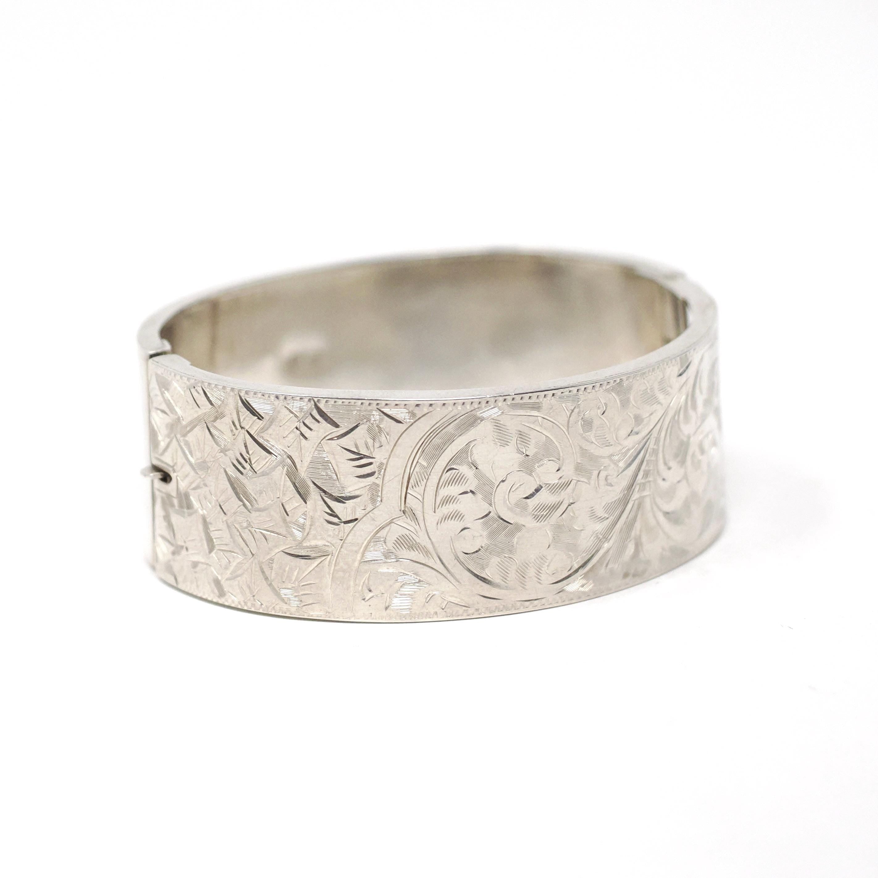 Antique Floral Bangle - Art Deco Sterling Silver Engraved Nature Leaf Designs - Hallmarked 1920 Wide Stacking Hinged Birmingham Jewelry